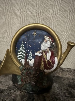 Vintage Ceramic Christmas Electric Lamp Horn & Santa in Night Sky STARS LIGHT UP