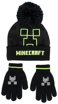 Minecraft Mütze und Handschuhe Set für Jungen schwarz Strick Winter warm Mütze&Handschuhe Set