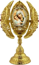 Needzo Madonna and Child Triptych Egg Icon with Gold Filigree and Crystals, 6 In