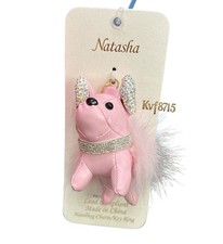 Natasha French Bulldog Bag Charm Key Chain Rhinestone Faux Fur Pink New Dog