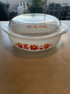 Vintage Pyrex Milk Glass Casserole Dish with Lid | Retro Orange Floral Pattern