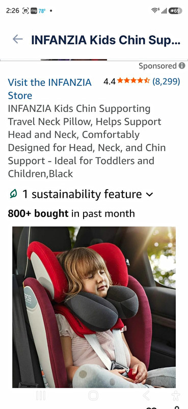 INFANZIA Toddler Car Seat Travel Neck Pillow, Chin & Neck Support, Black