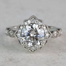 2 Ct Round Cut Simulated Diamond Art Deco Engagement Ring 14k White Gold Plated
