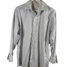Michael Kors Mens White Blue Stripe Button Front Dress Shirt 16 32/33 L