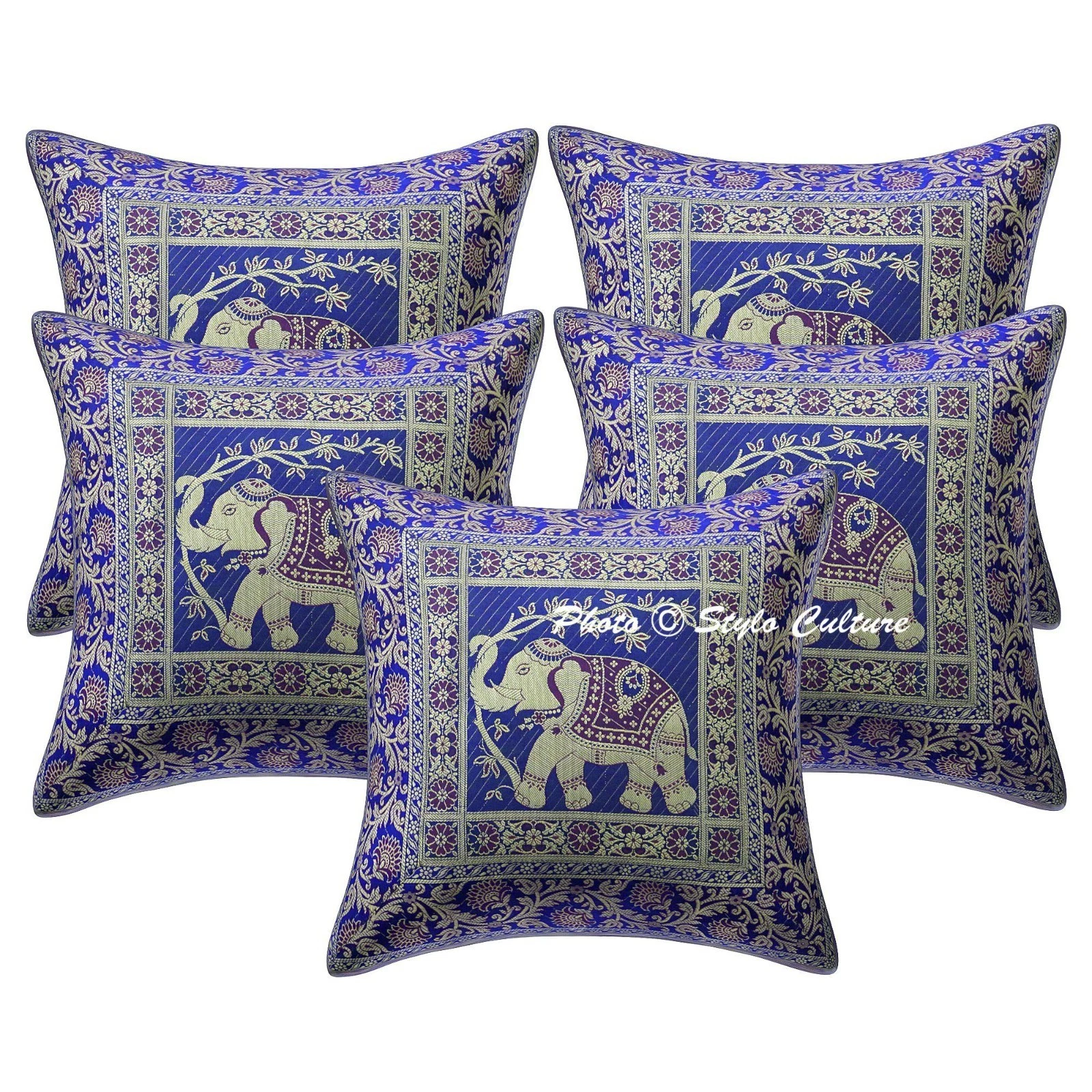 Indian Throw Pillow Covers 16x16 Brocade Ink Blue Elephant Home Cushion Cover