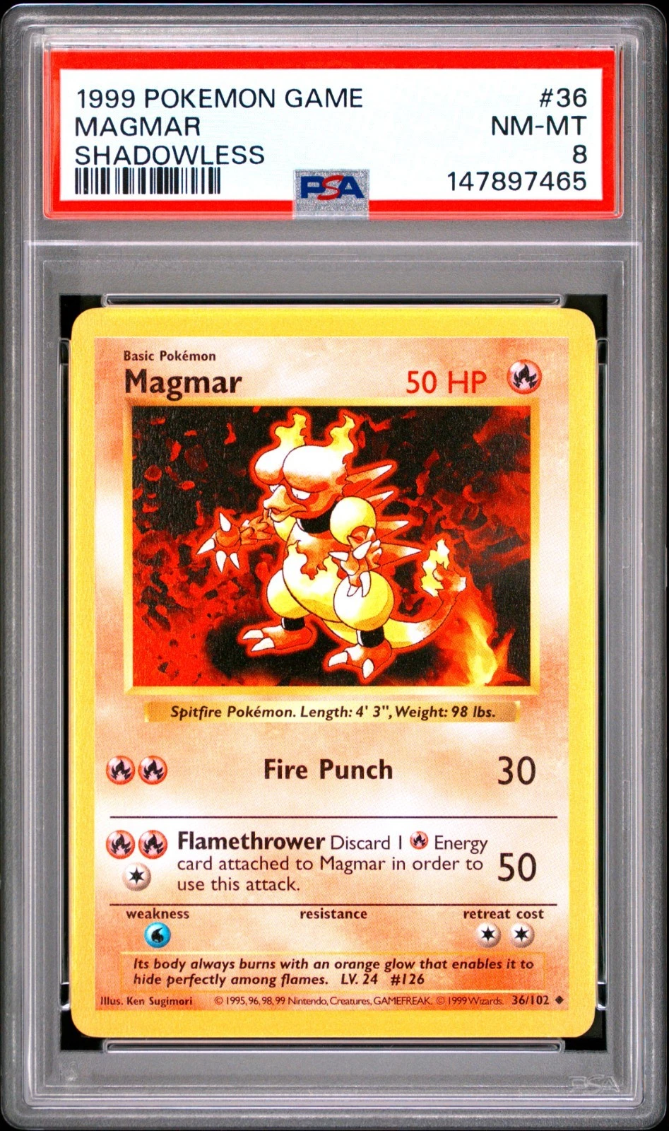 1999 POKEMON GAME BASE SET MAGMAR SHADOWLESS #36 PSA 8