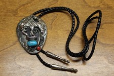 Vintage Nickel Silver Turquoise Coral Bolo Tie Native American Horse & Rider