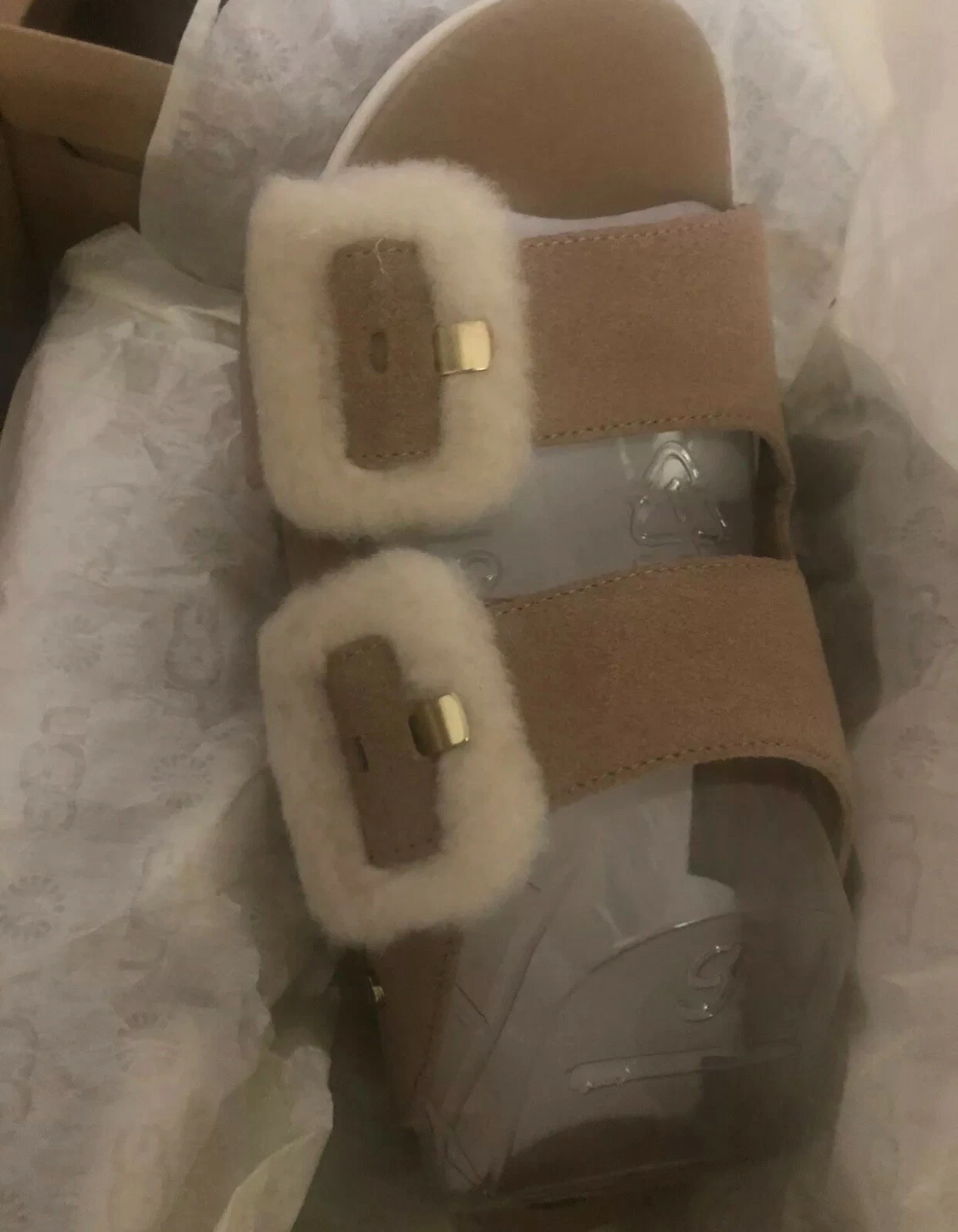 UGG W Sandali Fluff Indiani Pantofole Slides Pelliccia Scamosciato Taglia 7 40 nuovi con scatola