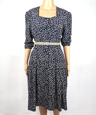 PTO Vintage 80s Women Navy Blue White Floral Print tea Dress Size 8 10 Retro