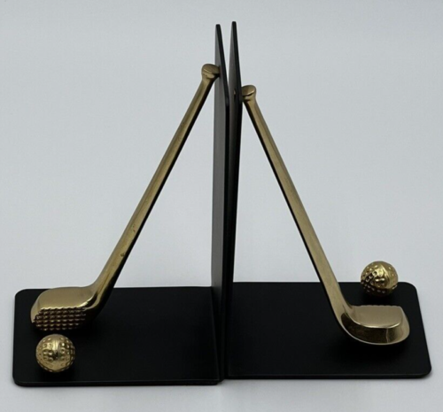 Golf Theme Metal Book Ends  Flat Black  with  Brass Club and Ball - Picture 1 of 12
