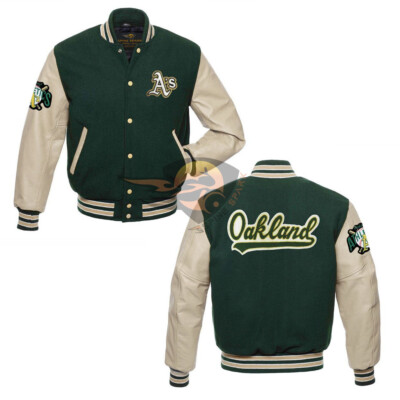 OAKLAND ATHLETICS FOREST GREEN WOOL WITH CREAM 100% LEATHER VARSITY JACKET