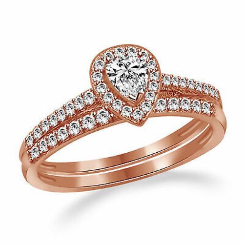 Pear Cubic Zirconia Rose Gold Plated Bridal Engagement Ring Set