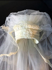 Francine White Floor Length Tulle Wedding Veil with Lace Applique Edge Juliet