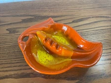 Vintage Large Cal-Style Ceramic Ashtray Fall Colors Orange Yellow 8.5”x7.25”