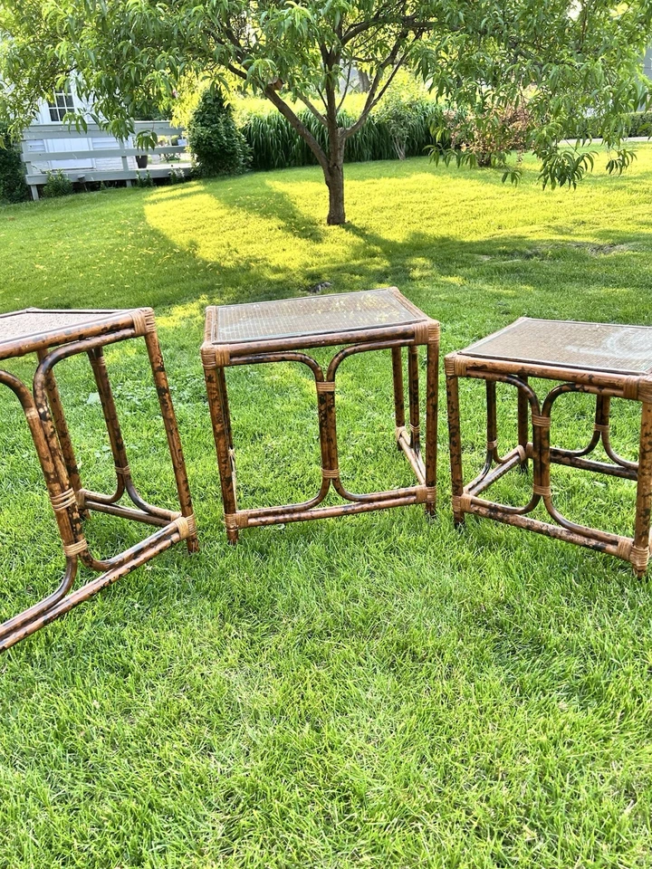 Juego de 3 mesas anidadoras vintage de bambú tigre de mediados de siglo modernas MCM Foto 3 de 4