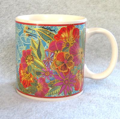 LAUREL BURCH Mug Cup 2014 Floral Red, Gold, Green, Blue 12oz VGUC