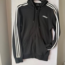 Adidas Mens Hoodie Small Black White 3 Stripe Full Zip Fleece Logo Track Jacket