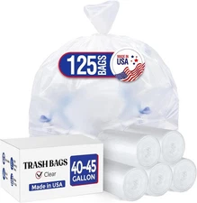 40-45 Gallon Clear Trash Bags Kitchen Garbage Rubbish Bags 125Bags 40x48"