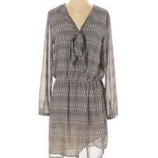 MNG by Mango Gray Black Print Tie Front Sheer Sleeve Mini Dress sz Small