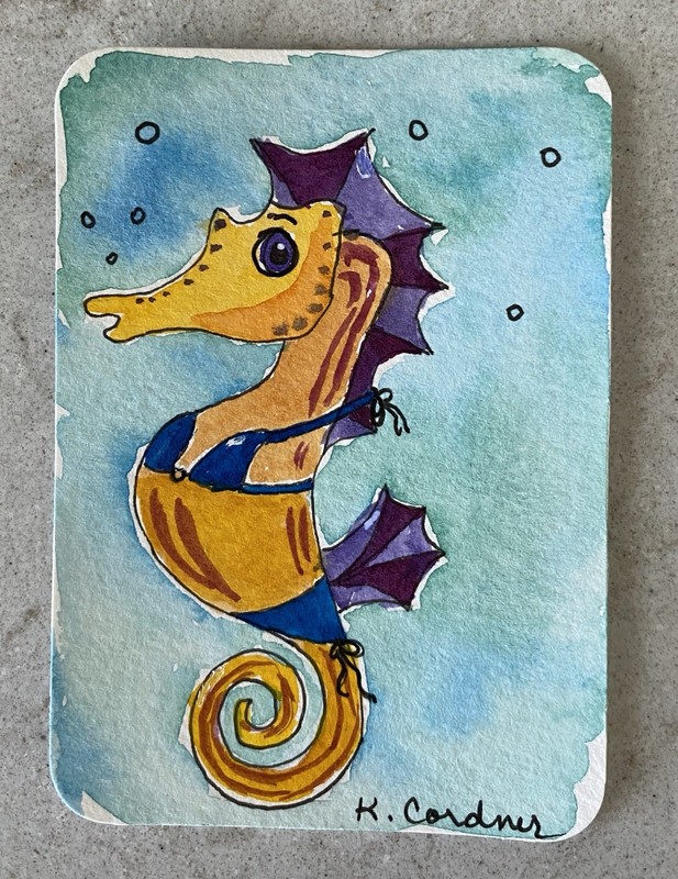 ACEO Original, Funny, Beach, Seahorse,  Bikini, Kimberly Cordner