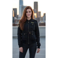Coogi Women's Black Bomber Jacket Gold Embroidery Size Small Casual Zip-Up