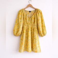 J.Crew Limone Print V-Neck Cotton Lawn Mini Dress Smocked SIZE M