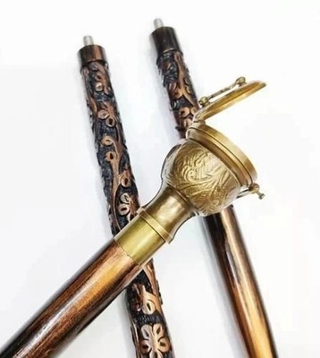 Antique Handmade Carved Wooden Cane Sundial Compass Brass Handle Walking Stick