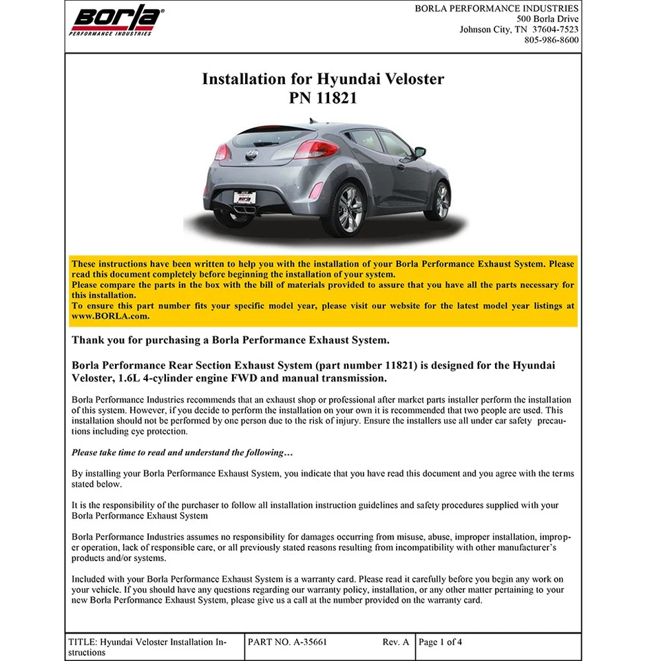 Escape trasero eje inoxidable tipo S Borla 11821 para Hyundai Veloster 2012-18 1,6 L Foto 3 de 4