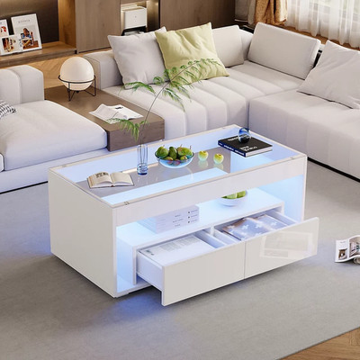 Couchtisch mit Glasplatte !SALE! LED Licht Aufbewahrung Schubladen Weiß Modern Wohnzimmer