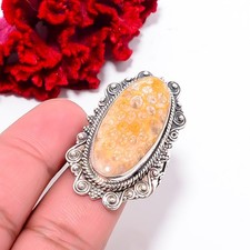 Fossil Coral - Indonesia Fine Art Oxidised 925 Sterling Silver Ring S.9.5 R10244