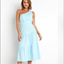 Petal + Pup NEW $89 Etienna Light Blue Tiered One Shoulder Midi Dress Sz 8