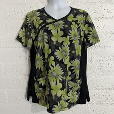 koi by Kathy Peterson Scrub Top XL Green Black Floral Pockets Short Sleeve A3