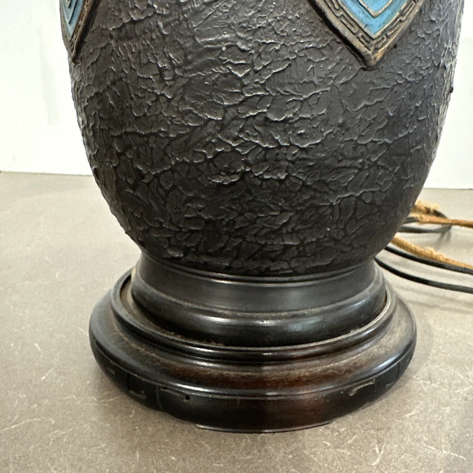 Antique Art Deco Era Tall Black Champleve Tokoname Vase Japan Converted To Lamp - Image 4 of 4