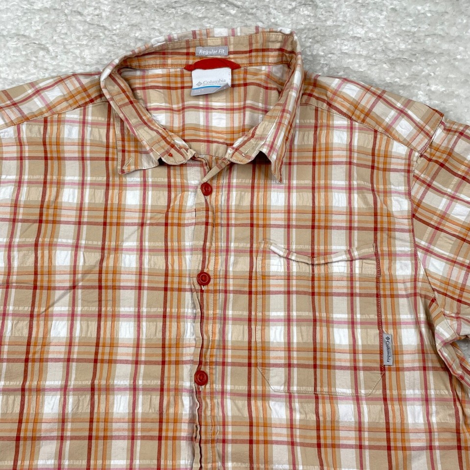 Chemise Homme Columbia XL Manches Courtes Carreaux Orange - Occasion Très Bon état