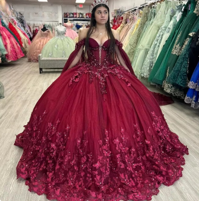 sweet 16 burgundy dresses Princess Ball Gown Quinceanera Dress With Cape Dress Butterfly Color:Aa-leaf Print Mini Dress Black Satin #sb14329-ivory Ball Fully Lined
