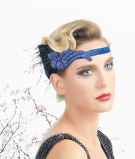 1920s Headband Blue Rhinestone Black Feather Headpiece Flapper Great Gatsby