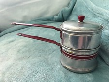 Vintage RED HANDLE STRIPES Aluminum Stacking Pan Pot Childs Children Toy