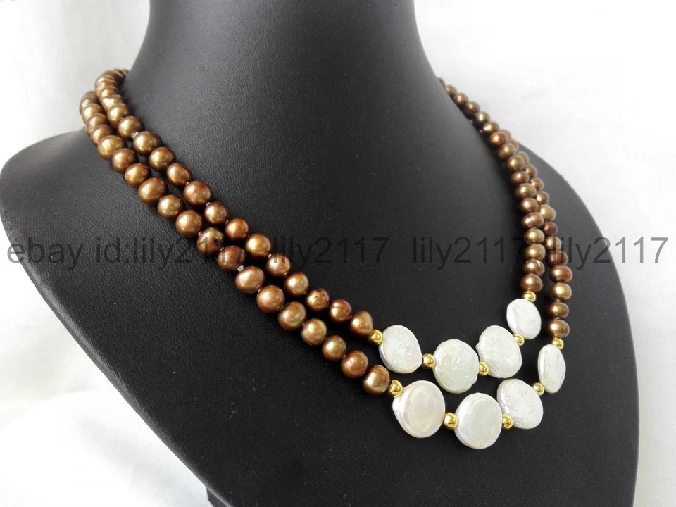2 filas 7-8mm café 11-12mm moneda blanca perlas agua dulce collar 18-19"" Foto 2 de 4