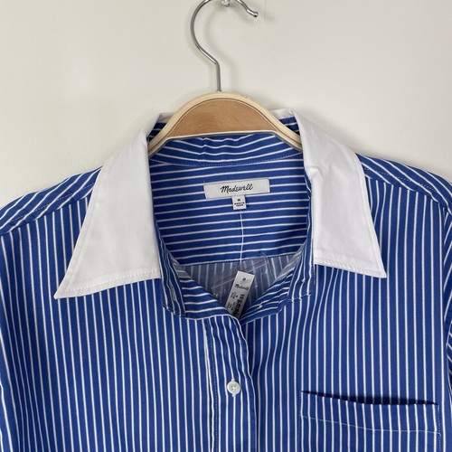 Camisa Madewell Relajada con Botones Azul Profundo Blanco Rayas Mediana Corta Elastizada - Imagen 4 de 12