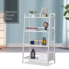 28"White Bamboo 4-Tier [DRIP-PROOF SHELVES] Freestanding Ladder Shelf Plant Rack
