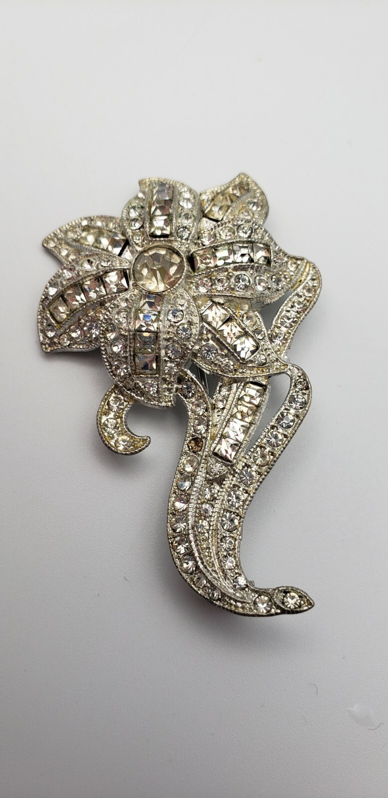 Vintage Silver Tone Rhinestone Flower Brooch - image 1