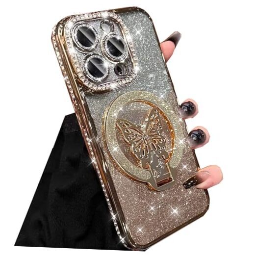 Magnetic Stand Glitter Case for iPhone 16 Pro,[Compatible with Magsafe] Gold