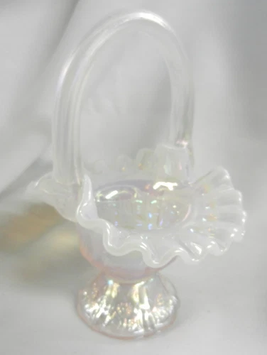FENTON Glass Handmade Clear Light Iridized Handle Abstract Vase -EXC