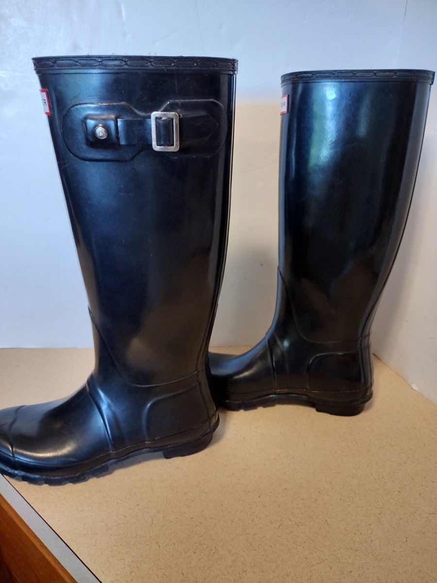 Hunter Original TALL Gloss Womens 7 BLACK Rain Boots w Knit Sock