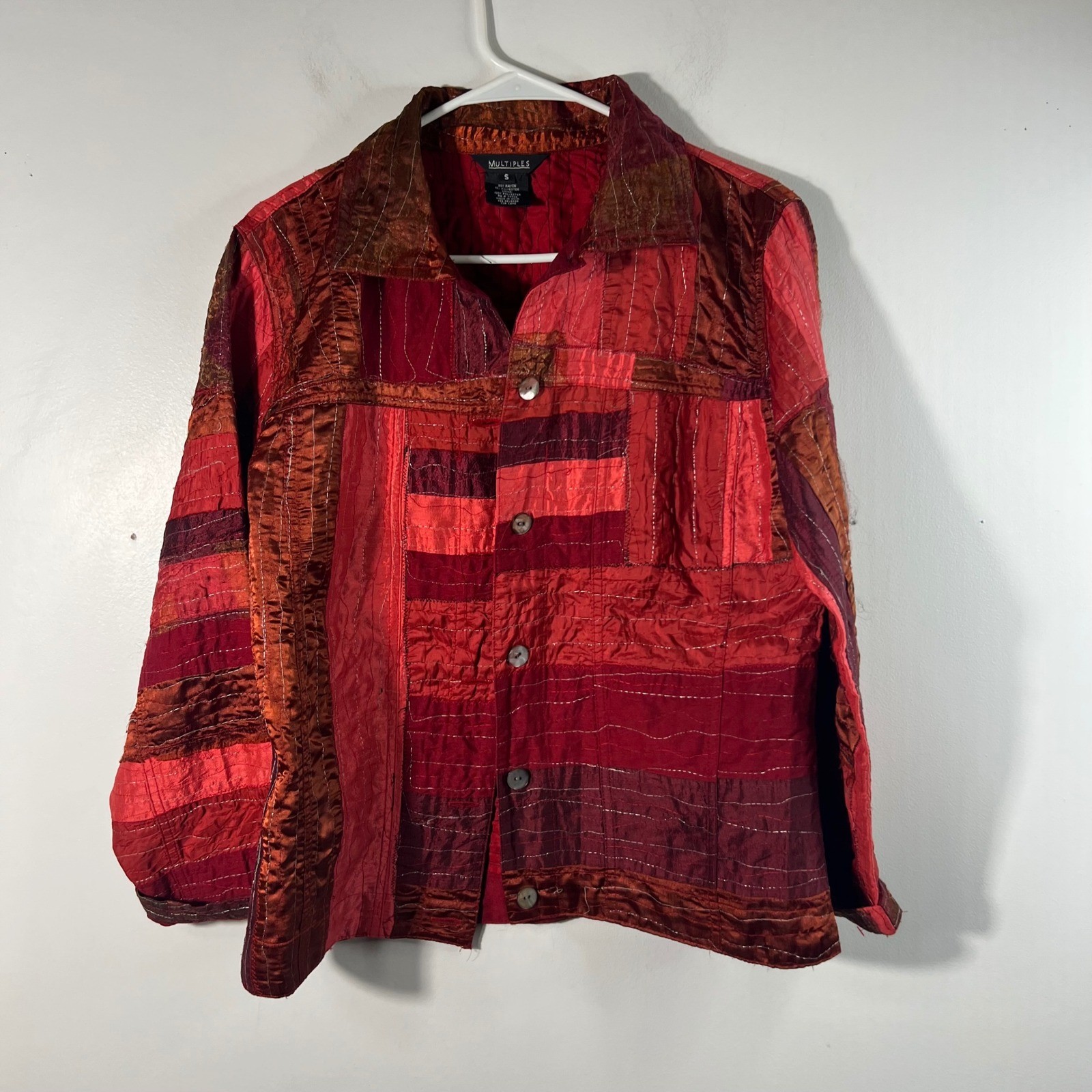 Womens Multiples Silk Blend Patchwork Button Jack… - image 1