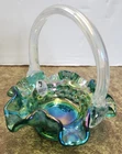 Fenton Iridescent Spruce Carnival Art Glass Hobnail Mini Basket Original Sticker