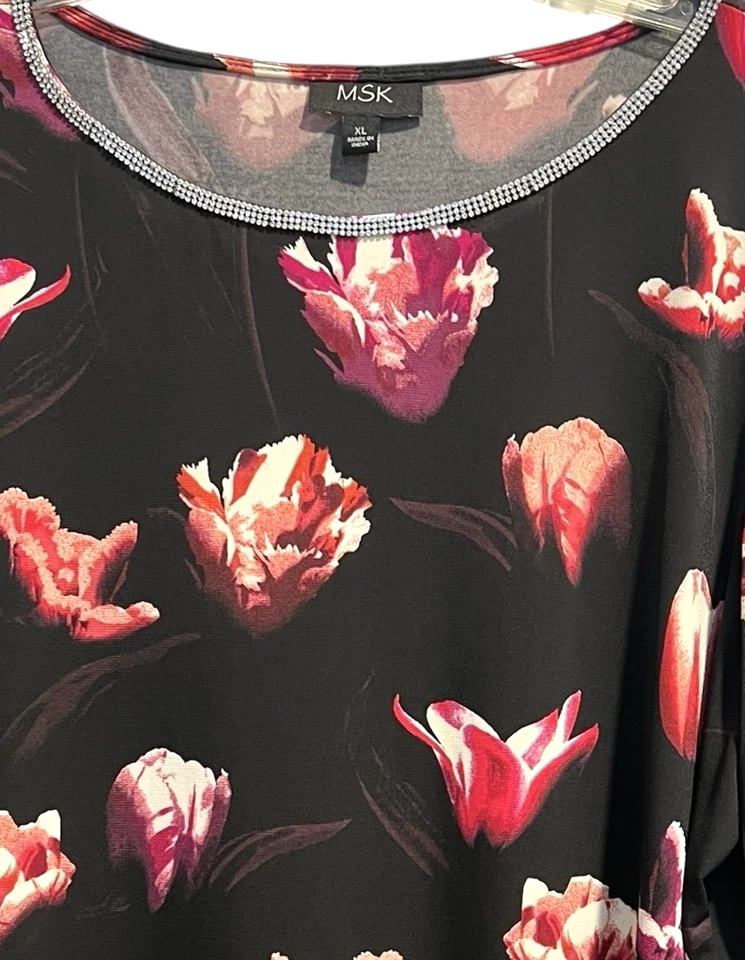 MSK 连衣裙女式 XL 码黑色红色花卉水钻装饰喇叭袖 — 第 3/4 张图片