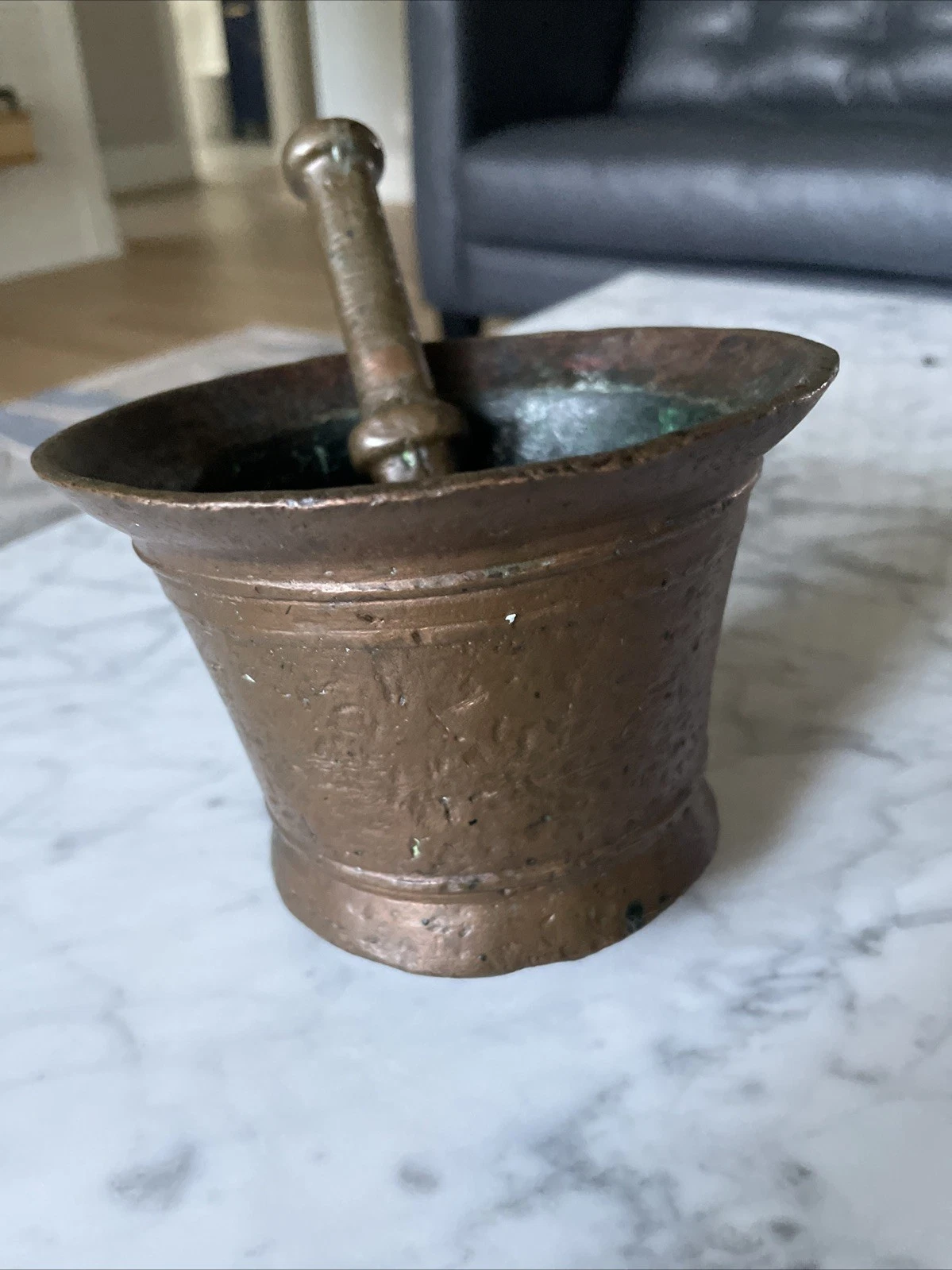 Vintage/ Antique Cast Metal Mortar With Pestle Nice piece, 4”H