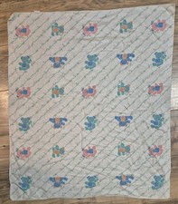 Vintage Riegel Teddy Bears Baby Blanket Flannel Receiving Green White Blue USA