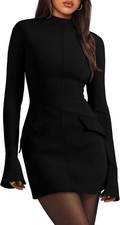 OFEEFAN Long Sleeve Mock Neck Dress Basic Party Club Bodycon Mini Dress Sz M